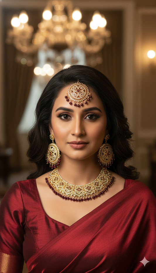 TAZAKKA short crystal necklace set maroon colour