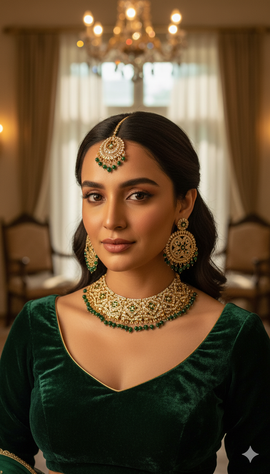 TAZAKKA short crystal necklace set dark green colour