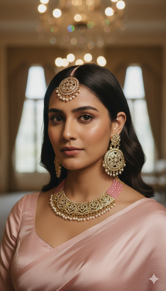 TAZAKKA short crystal necklace set pink colour